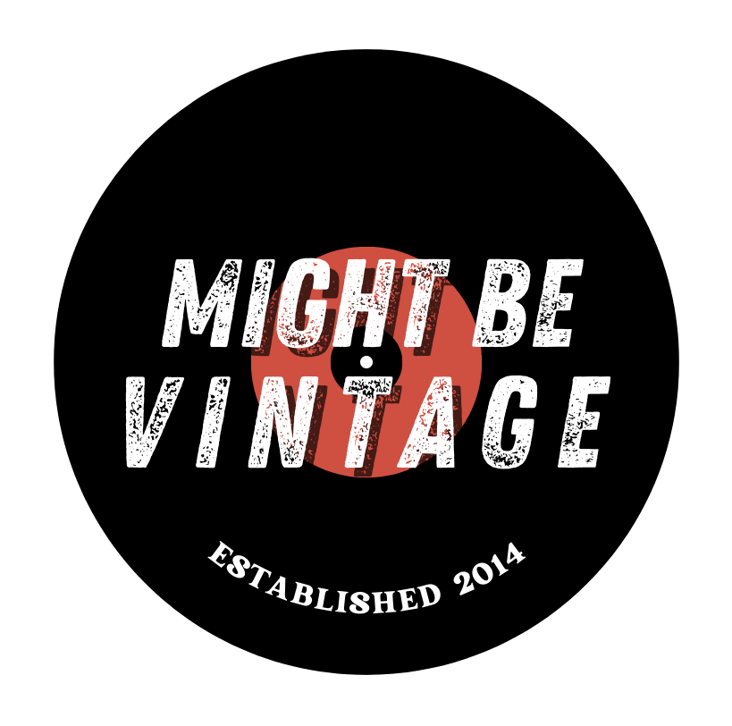 Logo, Might Be Vintage Established 2014, White distressed text over record album graphic.